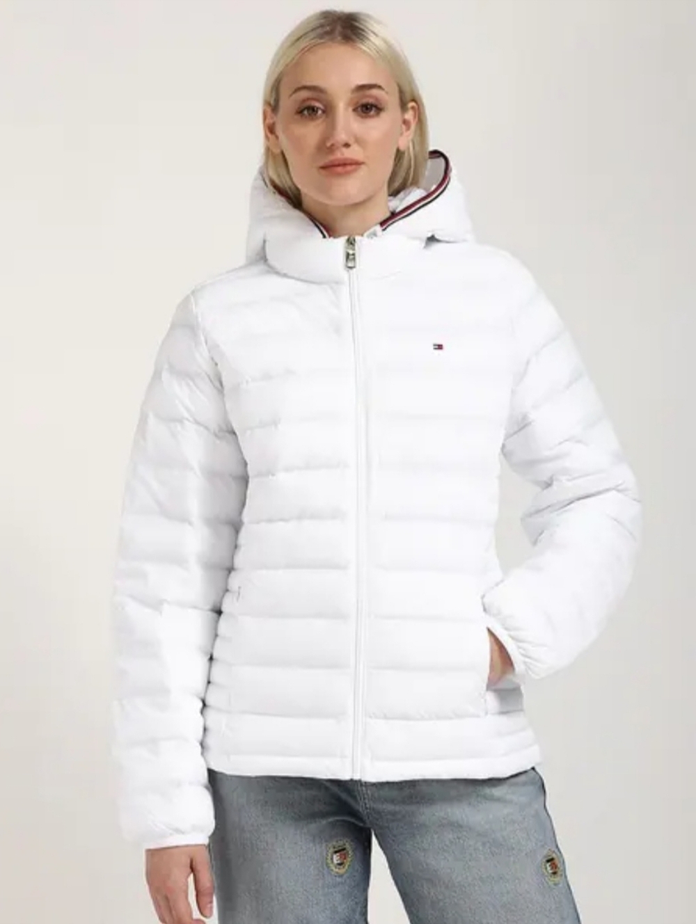 NWT Tommy Hilfiger White Quilted Hooded Zip Up Puffer Size M - Picture 1 of 13